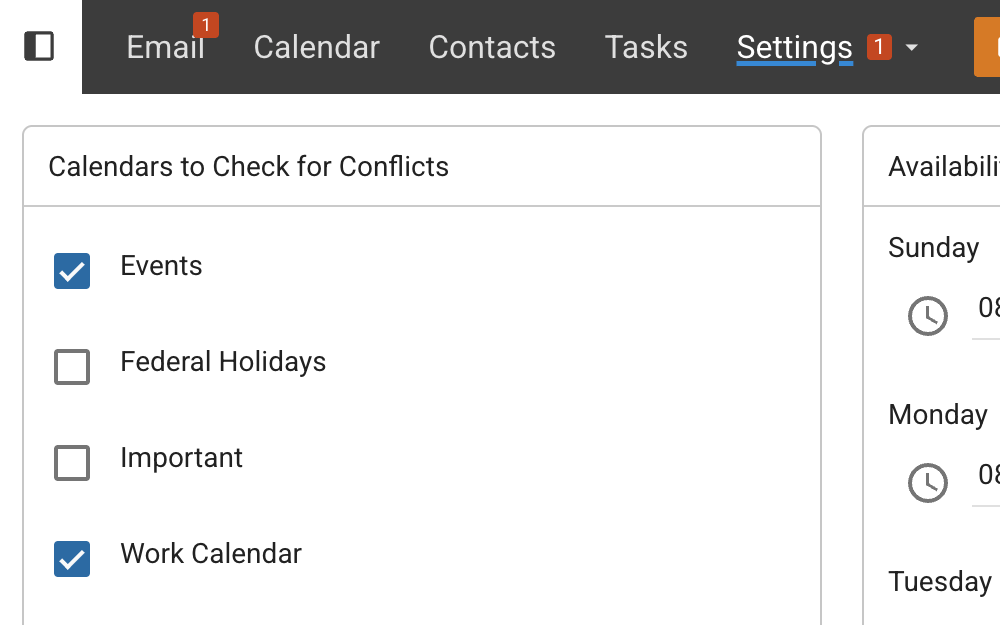 SmarterMail calendar settings interface showing selected calendars to check for conflicts including Events and Work Calendar