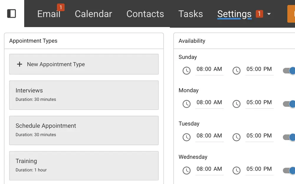 SmarterMail scheduling interface showing custom appointment types and weekly availability settings