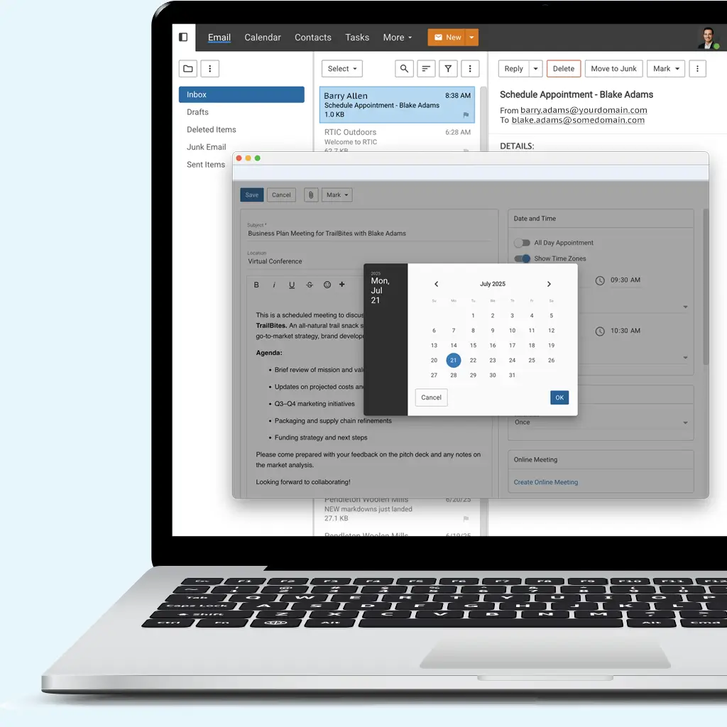 SmarterMail appointment scheduling interface showing a virtual meeting setup for TrailBites business plan with date and time selector