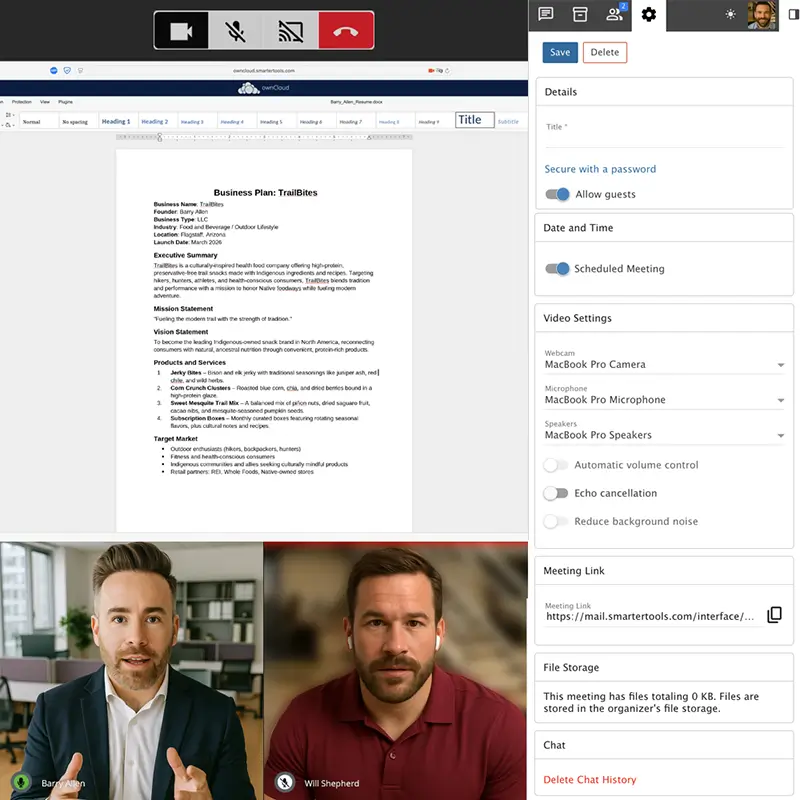 Remote video interview with developer using SmarterTools video conferencing platform, featuring resume review, meeting settings, and virtual collaboration