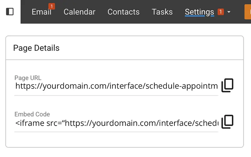 SmarterMail scheduling settings showing shareable page URL and embed iframe code for appointment booking
