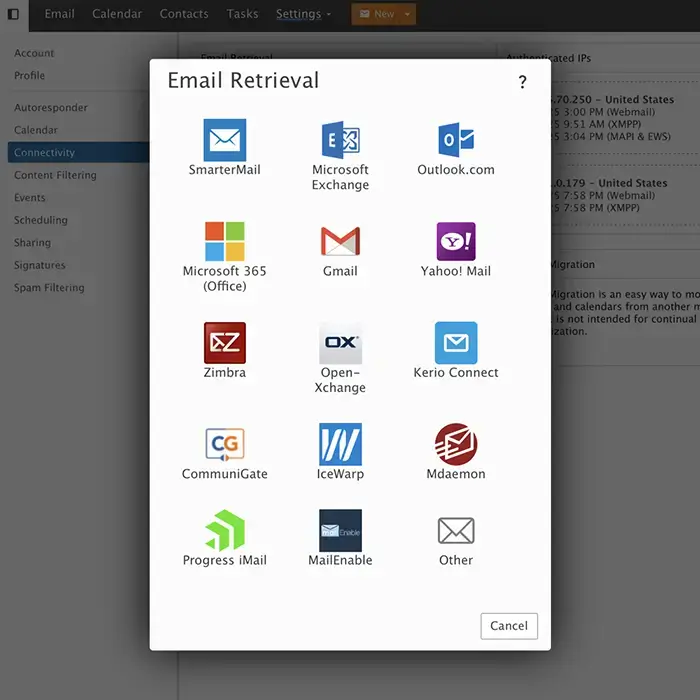 SmarterMail email retrieval interface supporting multiple platforms including Outlook, Gmail, Microsoft 365, Zimbra, and more