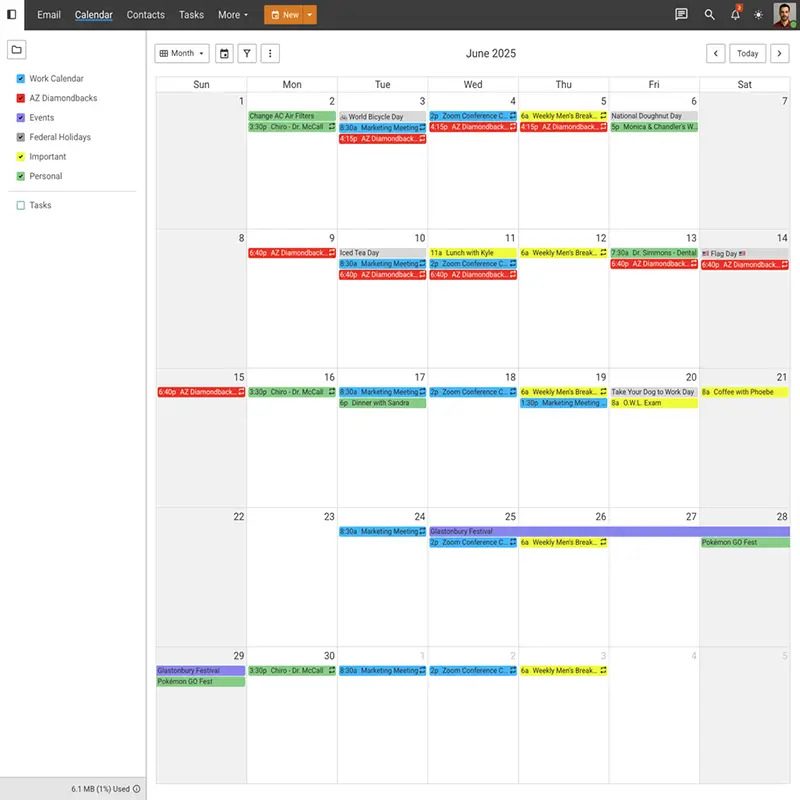 SmarterMail calendar view with color-coded events, appointments, and reminders