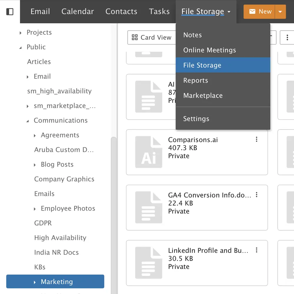SmarterMail file storage interface with dropdown navigation for notes, meetings, and document organization