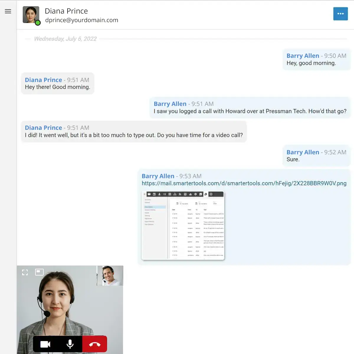 SmarterMail chat interface with integrated video call and shared file link