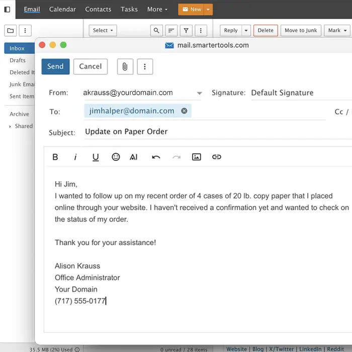 SmarterMail webmail client composing an email with subject line and rich text editor visible