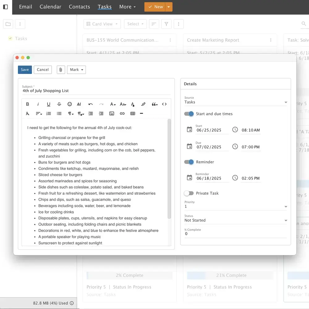SmarterMail task manager showing a shopping list with due dates, reminders, and progress tracking