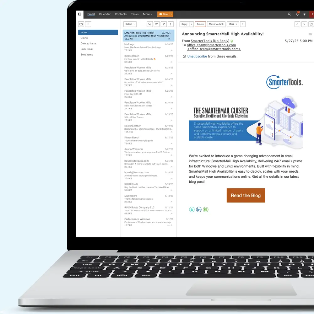User browsing SmarterMail webmail client on a laptop, showcasing email interface as a Microsoft Exchange alternative
