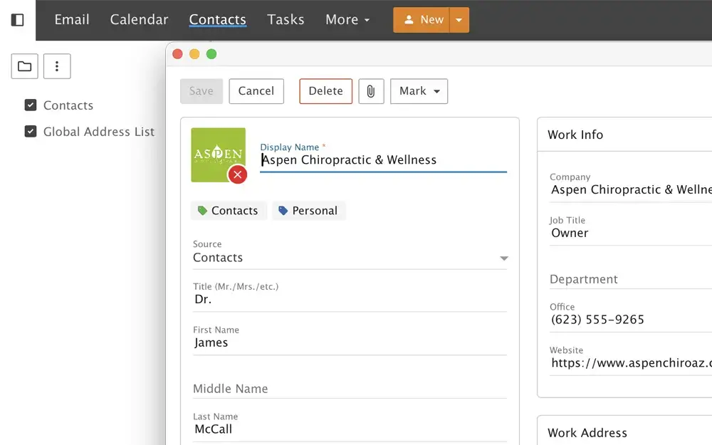 SmarterMail contact management screen showing detailed profile for Aspen Chiropractic including name, phone, and website