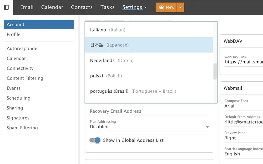 SmarterMail language settings dropdown offering multiple language options