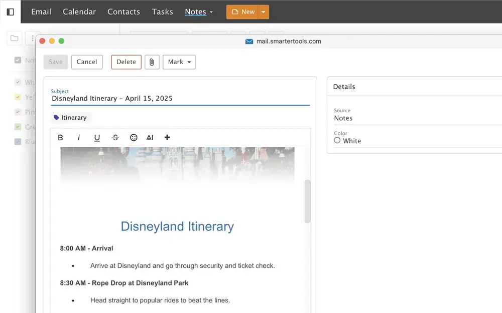 SmarterMail notes feature displaying an itinerary note with formatted text and images
