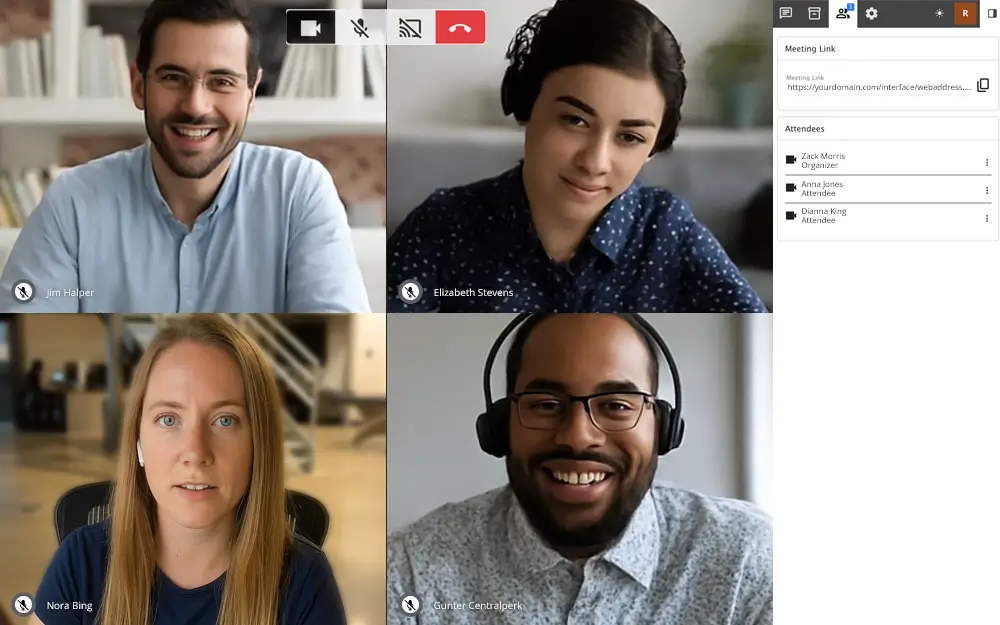 SmarterMail video conferencing interface showing four participants in an online meeting