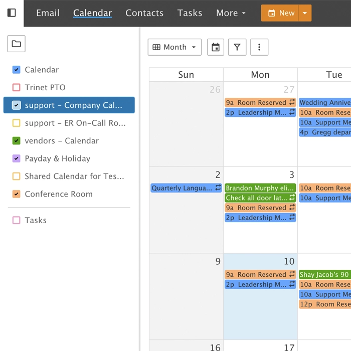 SmarterMail calendar view with color-coded events, appointments, and reminders
