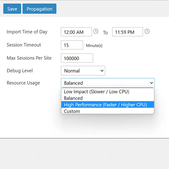Resource usage and performance tuning options in SmarterStats showing high-performance mode