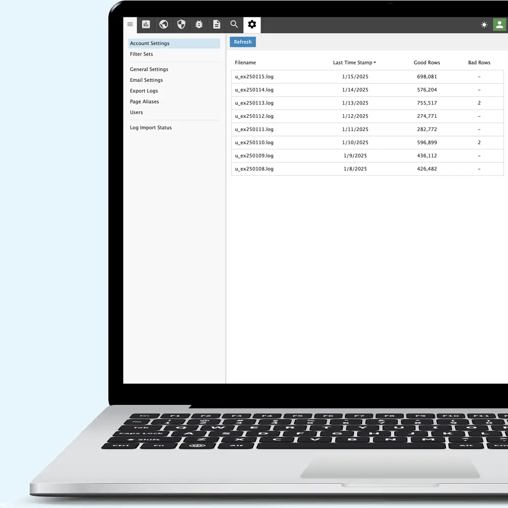 SmarterStats admin dashboard on laptop with log import status and analytics overview