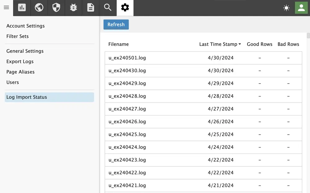 Log import status panel in SmarterStats showing list of log files with timestamps and row data
