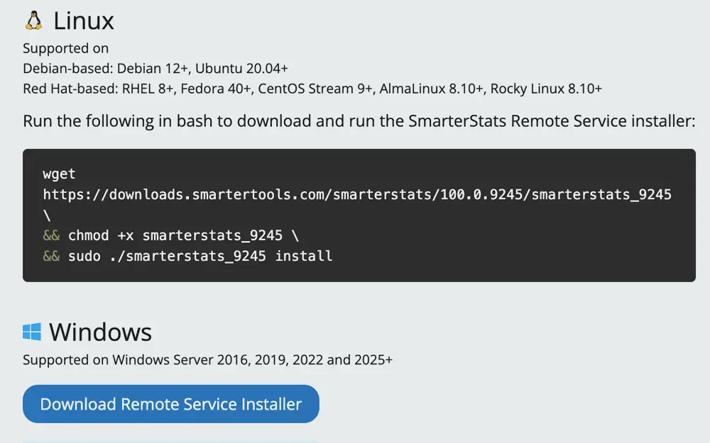 SmarterStats remote service installer for Linux and Windows with command-line installation instructions