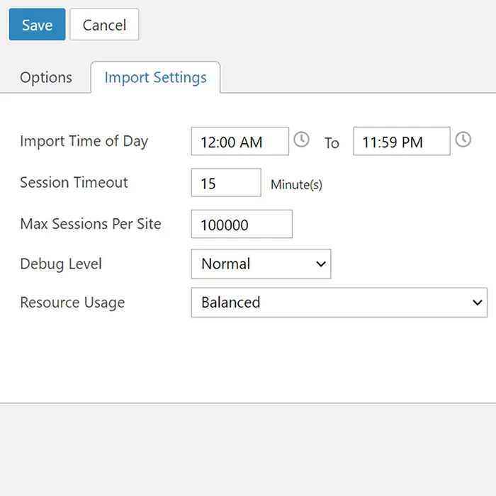 Import settings in SmarterStats with session timeout, resource allocation, and debug level configuration