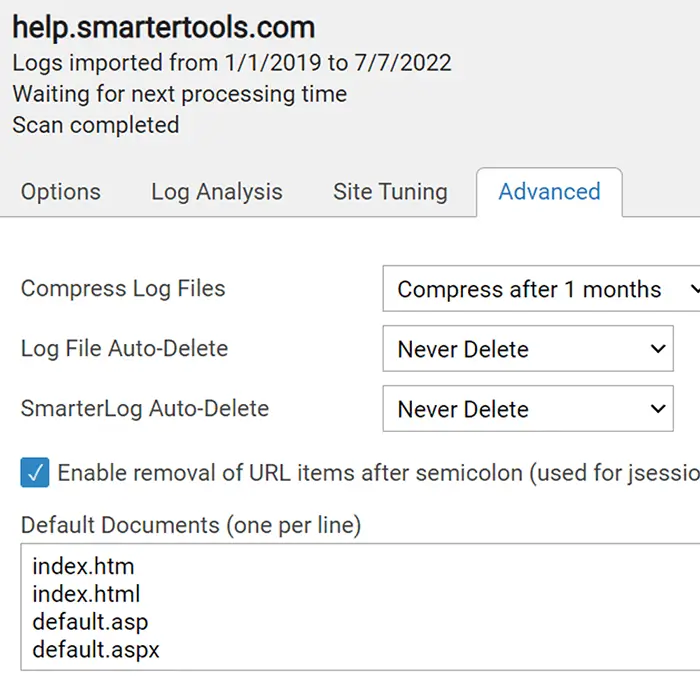 SmarterStats log management settings to compress files and enable URL cleanup