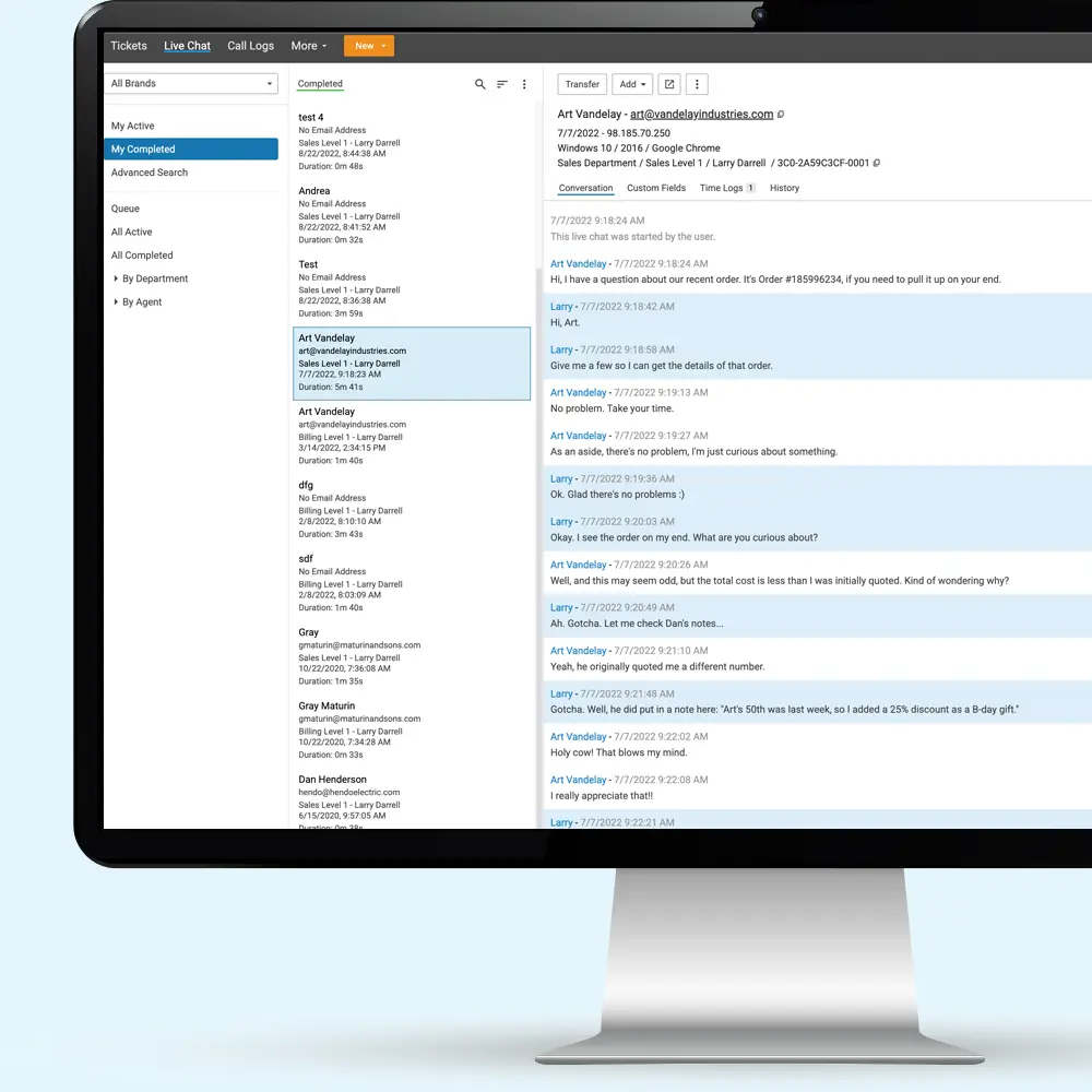 Tablet view of SmarterTrack live chat interface showing customer conversation and chat history