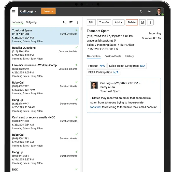 Detailed call log interface with caller ID, duration, and call notes in SmarterTrack on a tablet device