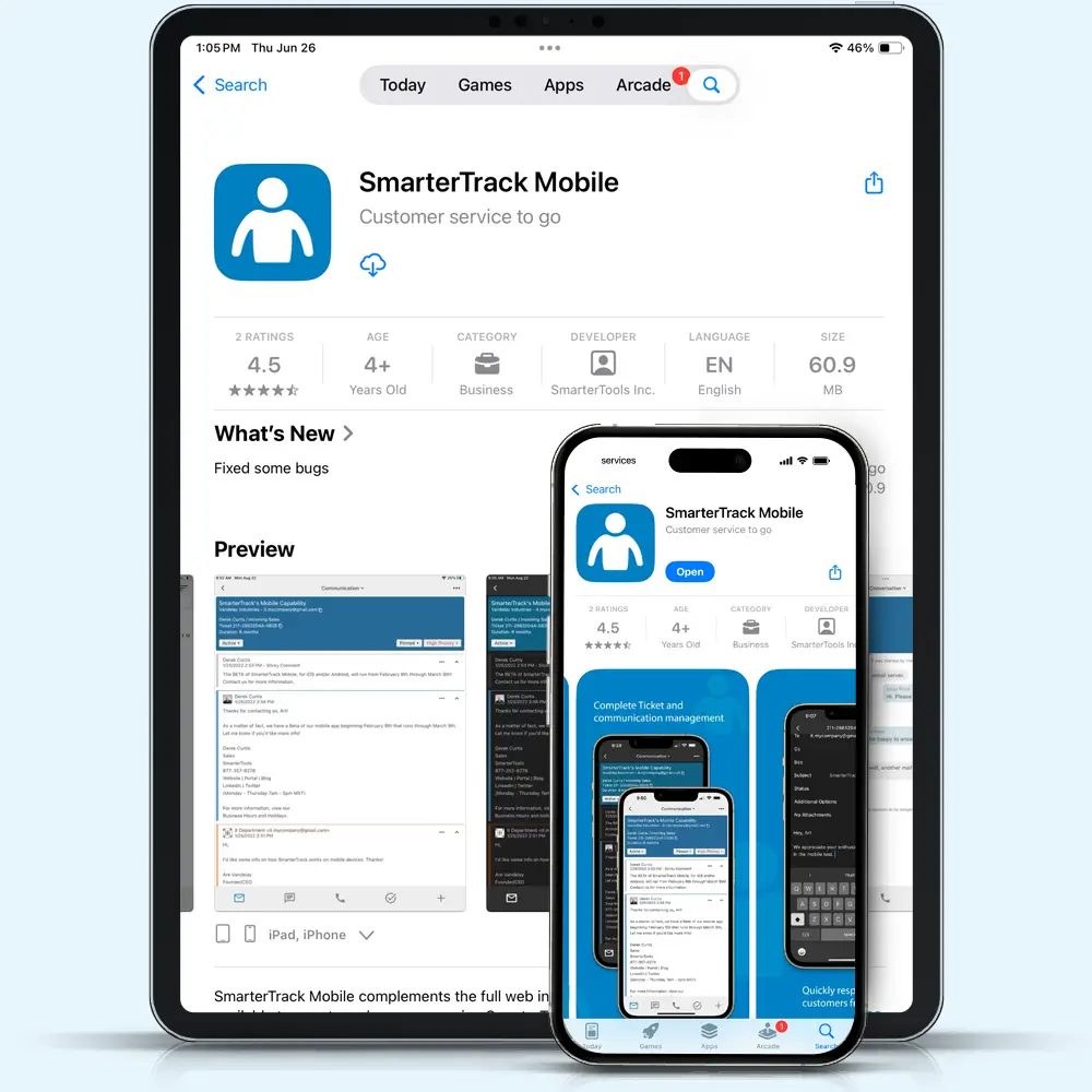 SmarterTrack Mobile app listing in the App Store with preview on mobile and tablet devices