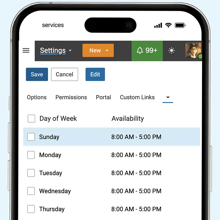 Support portal showing availability settings by day of the week for multiple brands on a mobile device