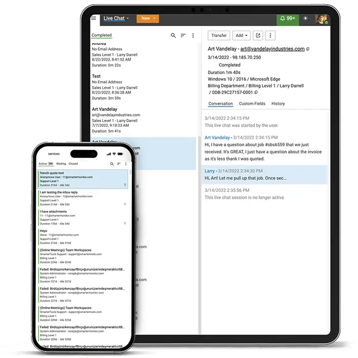 SmarterTrack live chat and ticketing interface shown on both mobile and desktop views