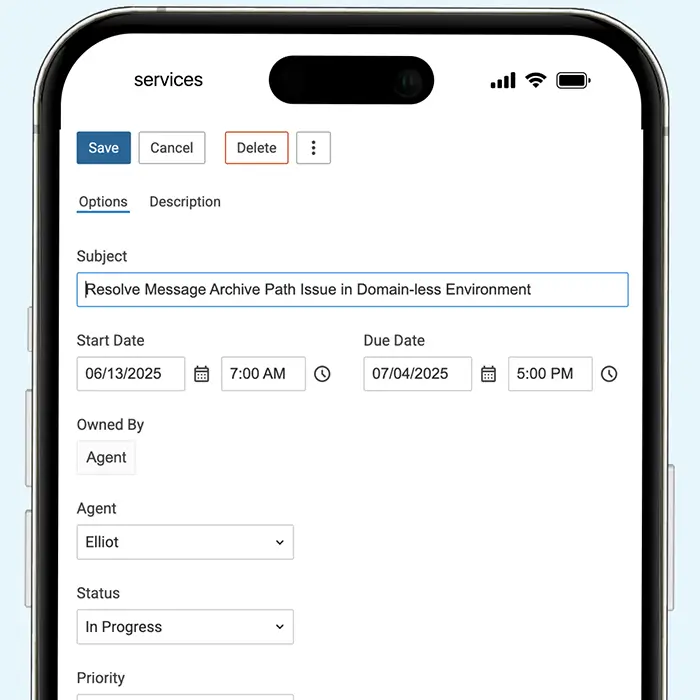 Mobile task manager interface with editable due date, priority, and assigned agent