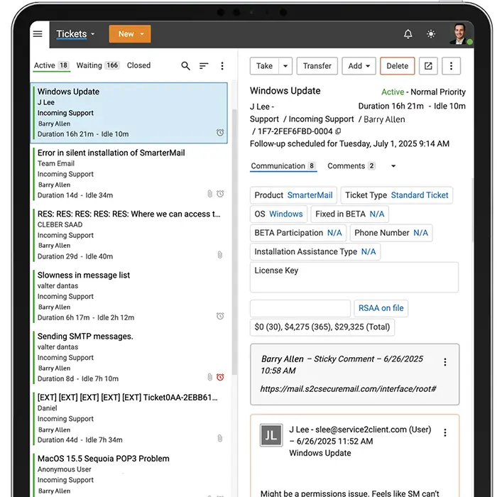 Ticket management dashboard with support requests, ticket types, and agent assignment
