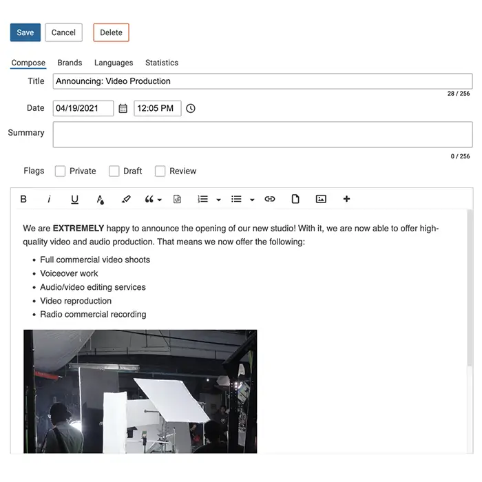 Composing a news article in SmarterTrack with content editor and formatting tools