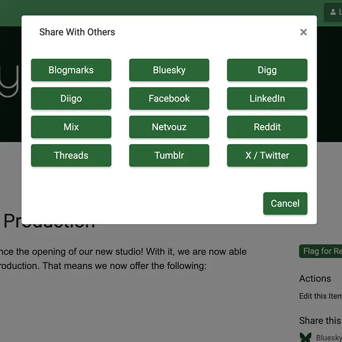 SmarterTrack content sharing options with social network buttons including Twitter, Facebook, LinkedIn