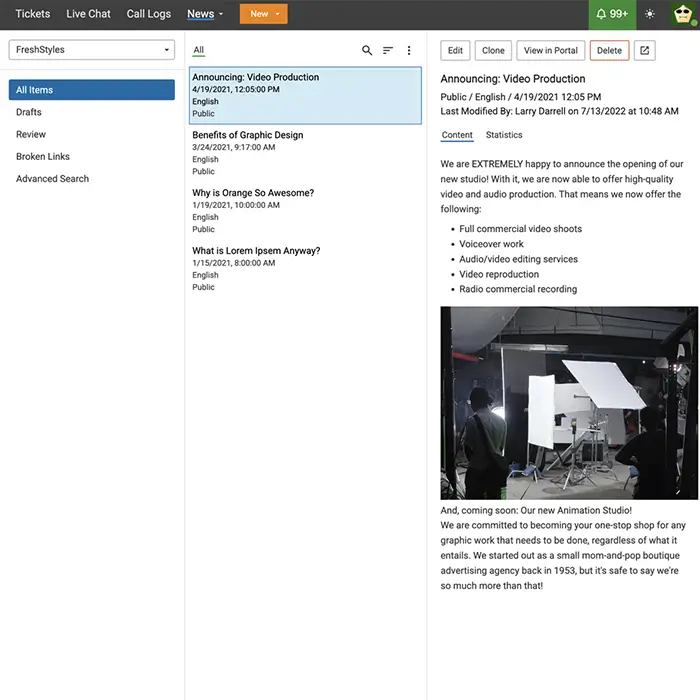List of published news items in the SmarterTrack customer portal