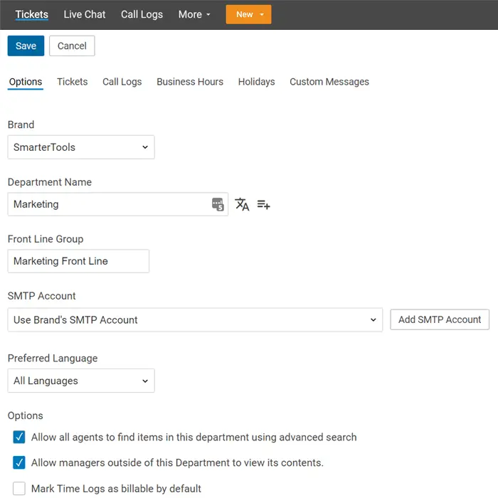 SmarterTrack helpdesk administration panel with department and SMTP settings