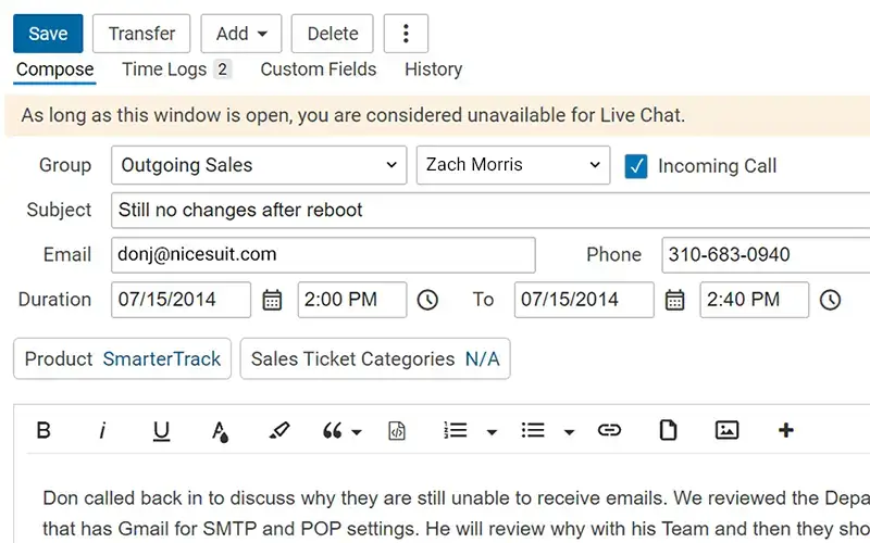 SmarterTrack call log interface with conversation details and duration tracking