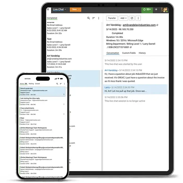 SmarterTrack helpdesk live chat interface on desktop and mobile devices