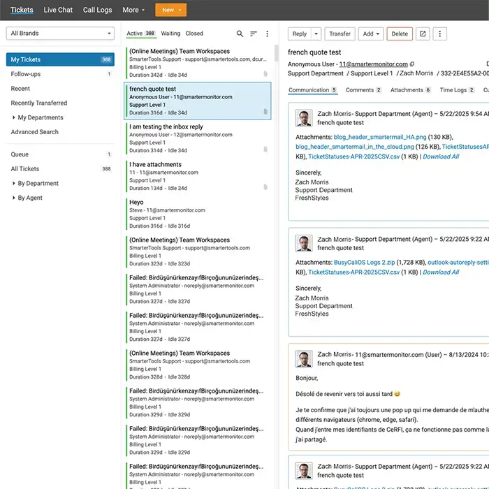 SmarterTrack helpdesk ticketing system interface showing support ticket threads and agent replies