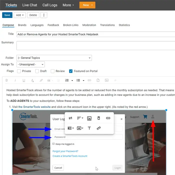 SmarterTrack knowledge base editor with image and content formatting tools