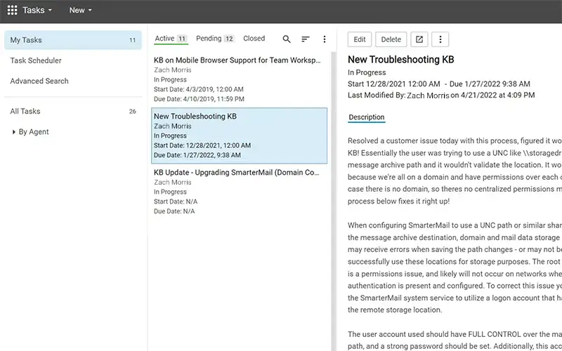 SmarterTrack task management interface for tracking helpdesk issues and assignments