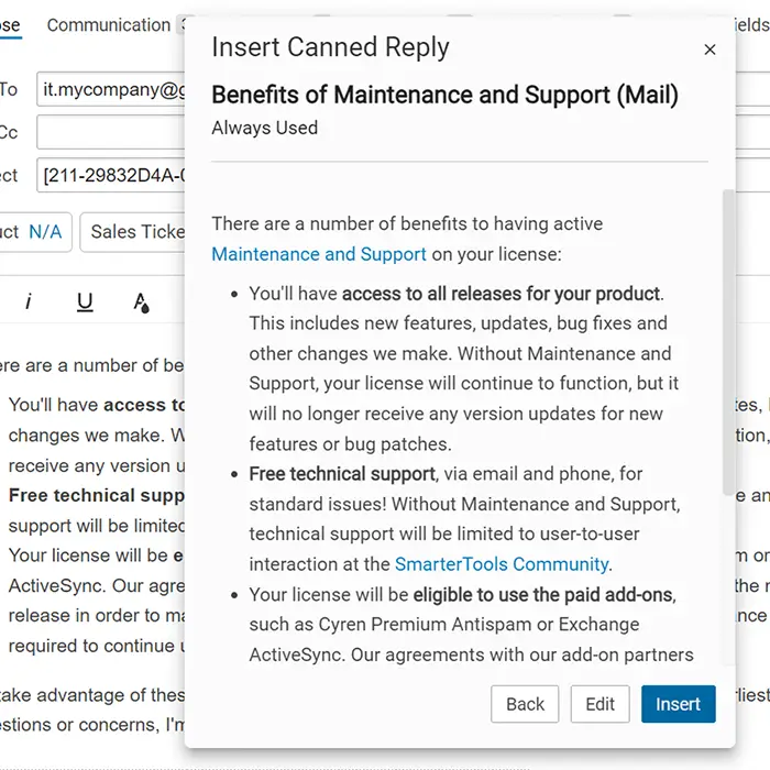 SmarterTrack canned reply feature with benefits of maintenance and support license