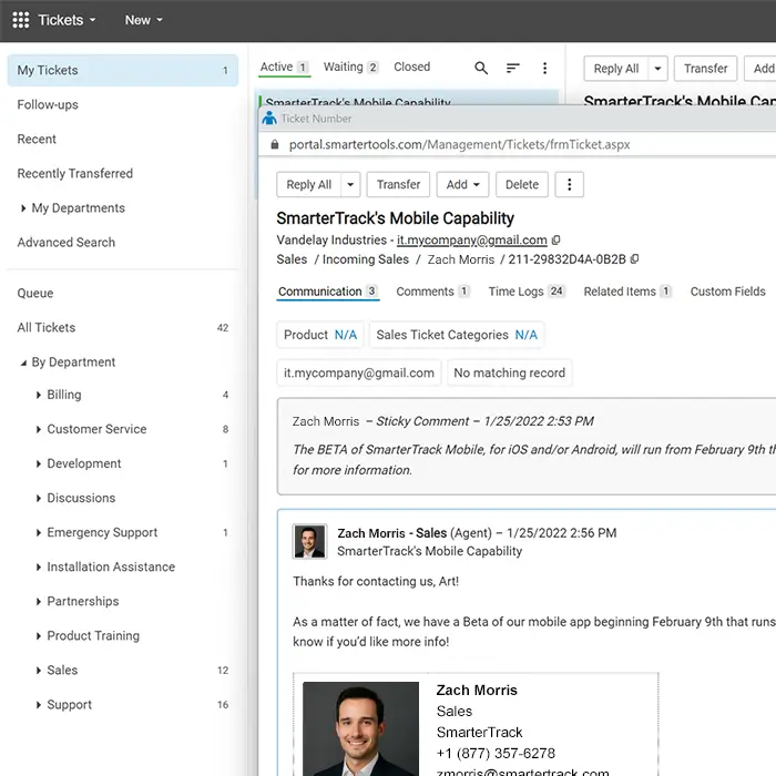 SmarterTrack help desk ticket interface for managing customer inquiries and mobile capability feedback