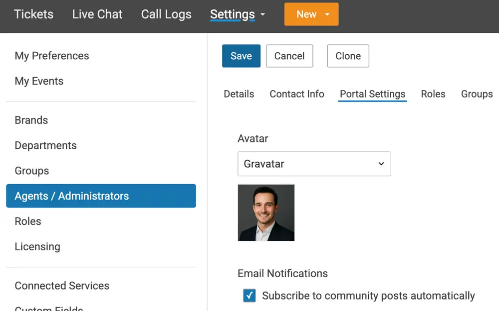 SmarterTrack agent portal settings with Gravatar and email notification options
