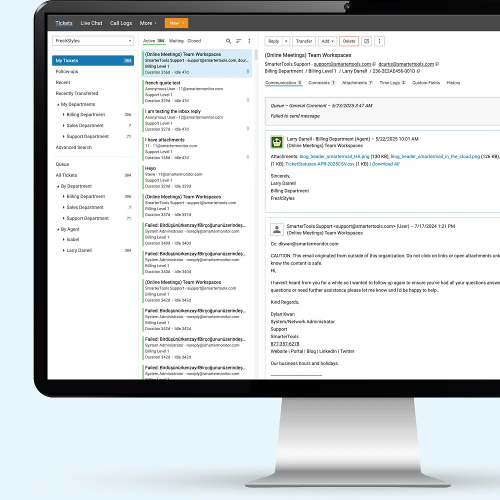 SmarterTrack help desk ticketing system displayed on desktop monitor with headset, keyboard, and mouse for customer support
