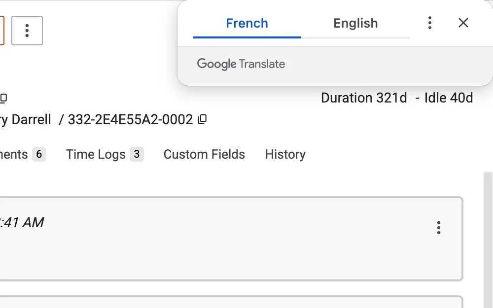 SmarterTrack ticket interface using Google Translate to switch between English and French