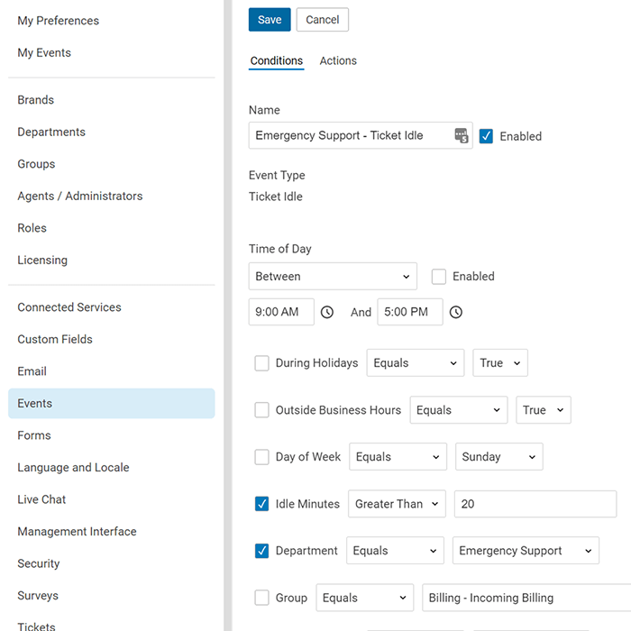 SmarterTrack ticket automation settings for emergency support based on idle time and department