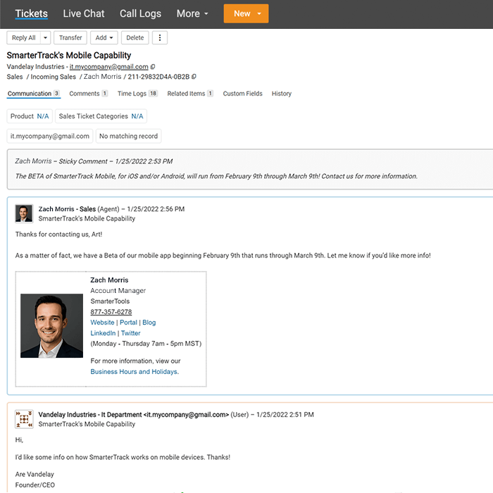 SmarterTrack support ticket thread showing mobile capability response and agent signature
