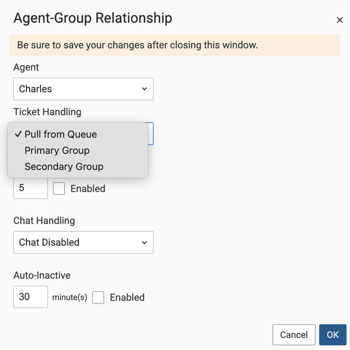 SmarterTrack agent group relationship settings for managing ticket and chat assignment