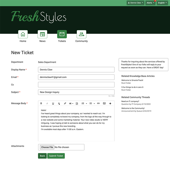 SmarterTrack customer ticket submission form on FreshStyles portal with message and attachments