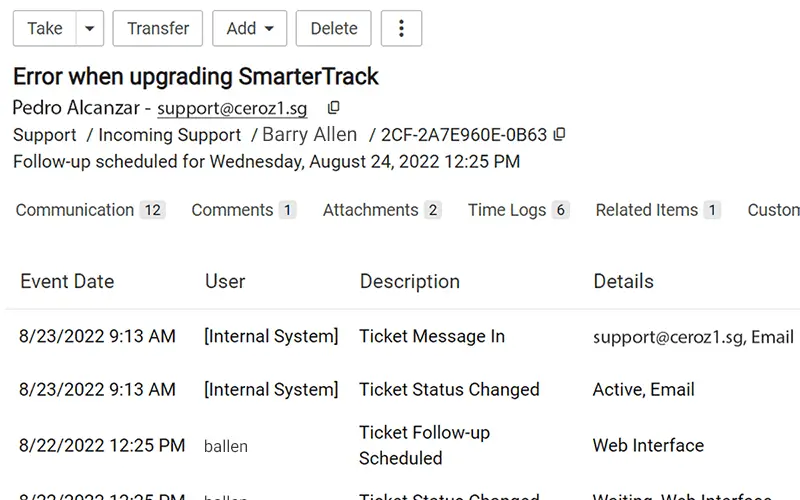 SmarterTrack ticket log details for error troubleshooting and communication history